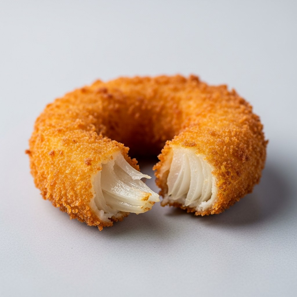 A single deep-fried onion ring with a golden breadcrumb crust on a plain grey surface.